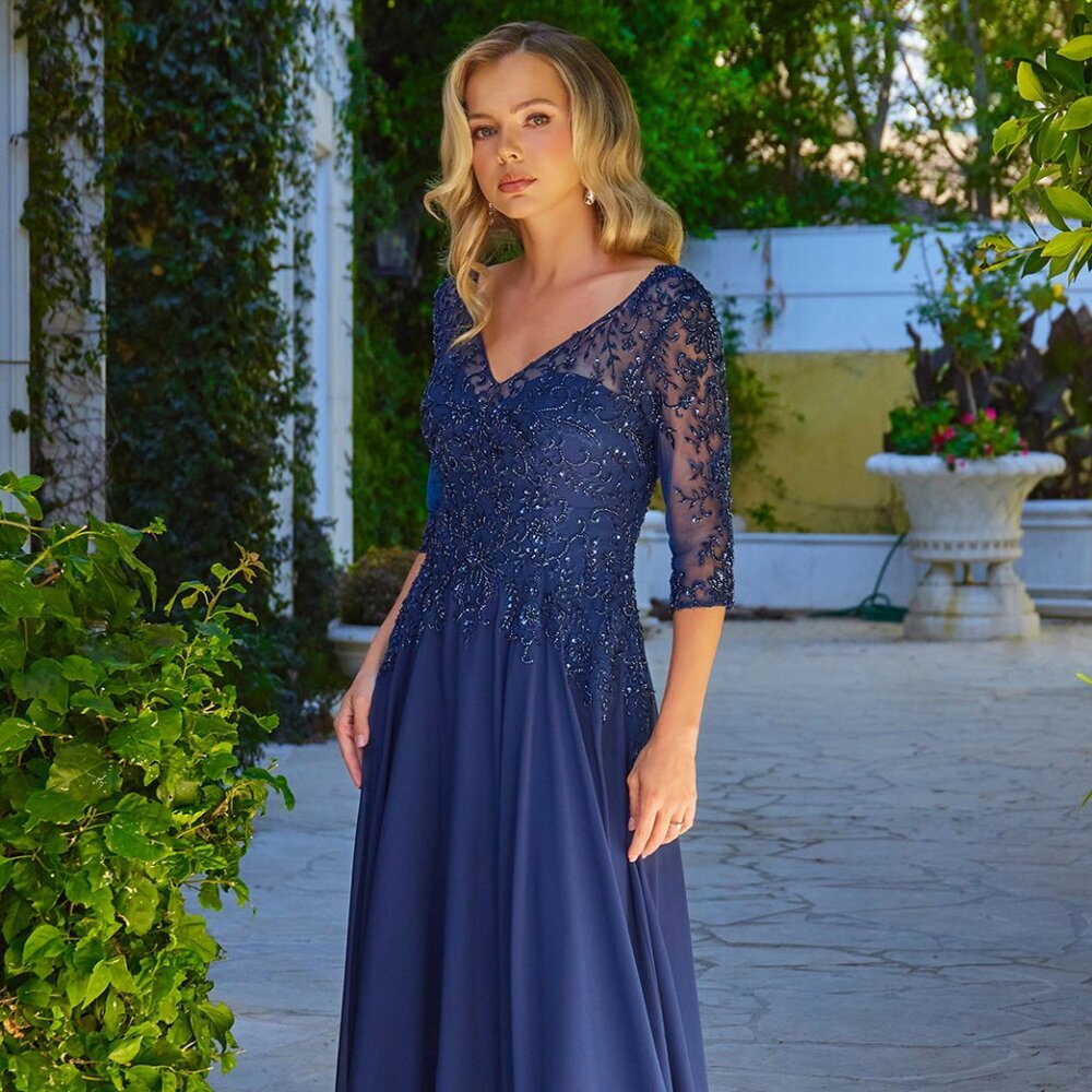 New Mother Of Bride Sheath Long Chiffon Mesh Gown w/ Beads Embroidery GL3573